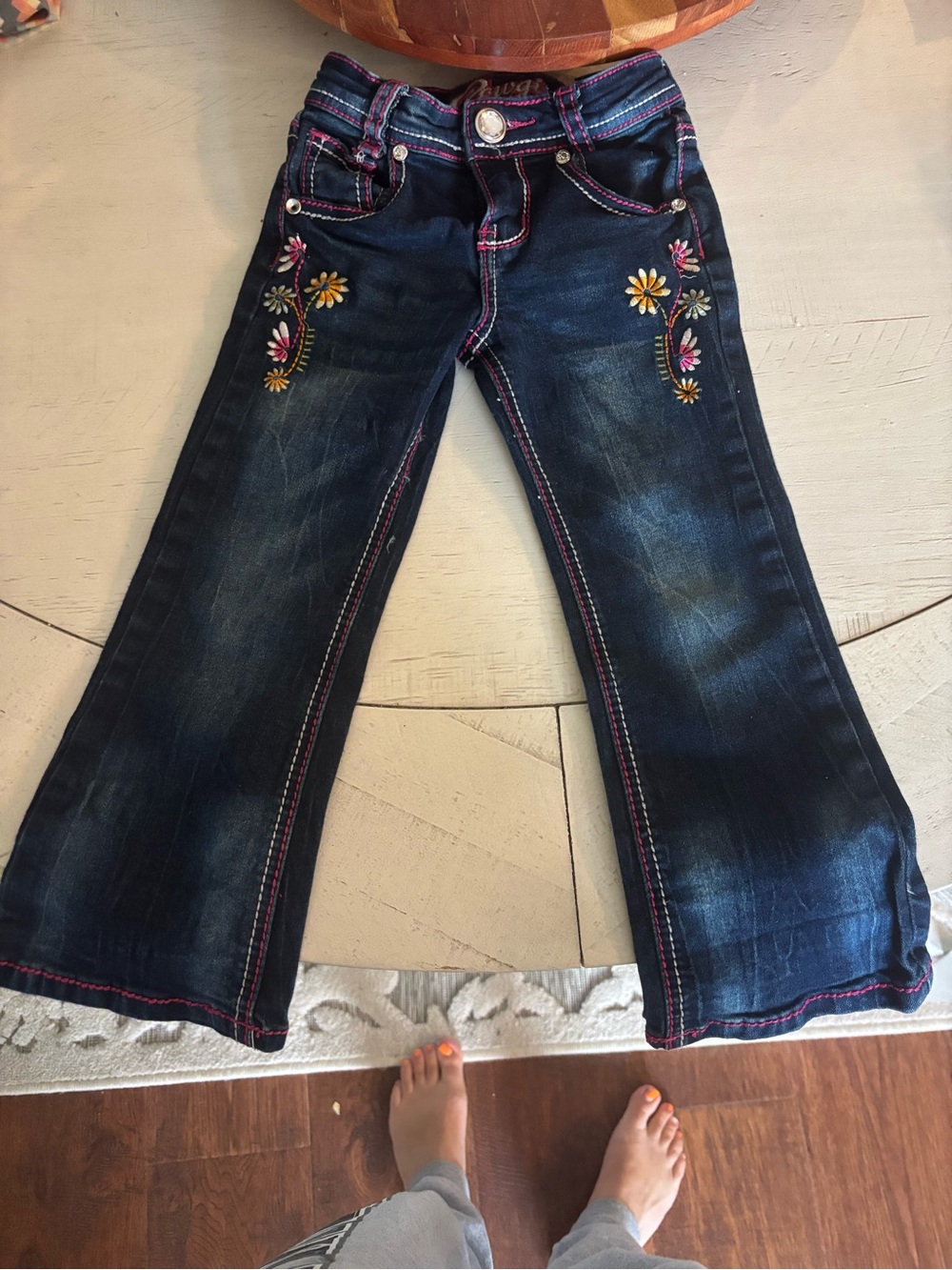 Dark Blue Flare Jeans with Pink Stitching and Floral Embroidery